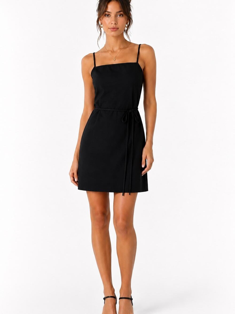 Vintage 90s Minimalist Black Wrap Dress Open Wrap Back Spaghetti Strap Mini M
